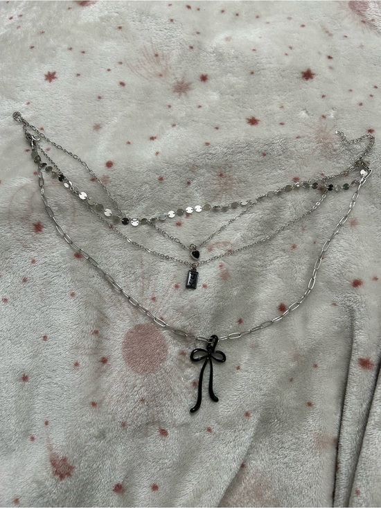 Jewelry - Women’s Layered Silver Necklace with Black Bow Pendant